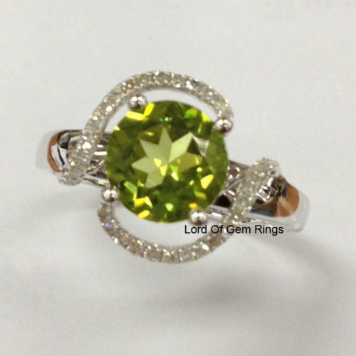 Round Peridot Engagement Ring Pave Diamond Wedding 14K White Gold 8mm  Curved - Lord of Gem Rings - 1