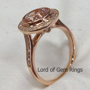 Round Morganite Engagement Ring Pave Diamond Wedding 14K Rose Gold 8mm Bezel - Lord of Gem Rings - 3