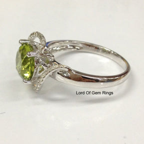 Round Peridot Engagement Ring Pave Diamond Wedding 14K White Gold 8mm  Curved - Lord of Gem Rings - 3