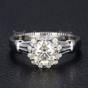 Round Forever Brilliant Moissanite Engagement Ring Pave Moissanite Wedding 14K White Gold 6.5mm Floral - Lord of Gem Rings - 4