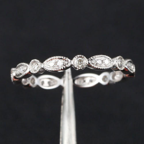 Pave Diamond Wedding Band Eternity Anniversary Ring 14K White Gold - SI/H Art Deco Antique Milgrain - Lord of Gem Rings - 2