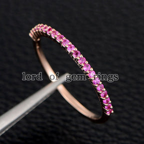 Pink Sapphires Wedding Band Half Eternity Anniversary Ring 14K Rose Gold - Lord of Gem Rings - 1