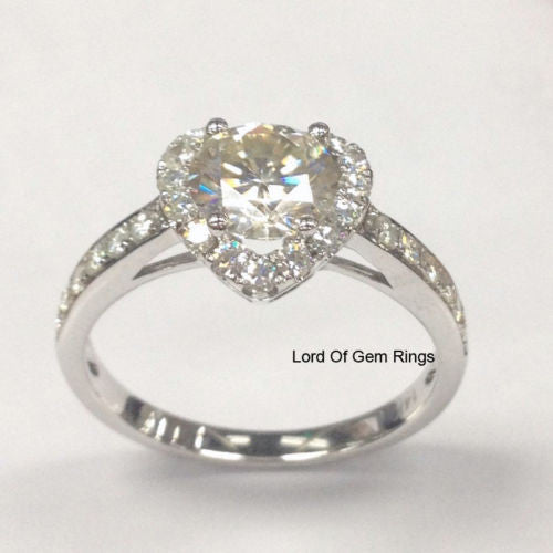 Round Moissanite Engagement Ring Heart Shaped Halo Diamond Wedding 14K White Gold 6.5mm - Lord of Gem Rings - 3