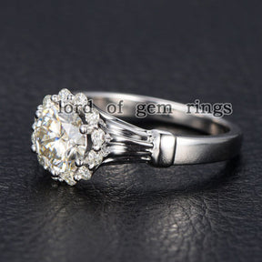 Round Forever Brilliant Moissanite Engagement Ring Pave Moissanite Wedding 14K White Gold 6.5mm Floral - Lord of Gem Rings - 3