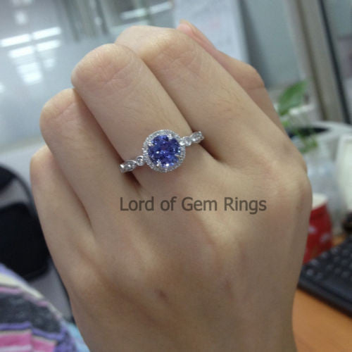 Round Tanzanite Engagement Ring Pave Diamond Wedding 14K White Gold 7mm  Art Deco Claw Prongs - Lord of Gem Rings - 6