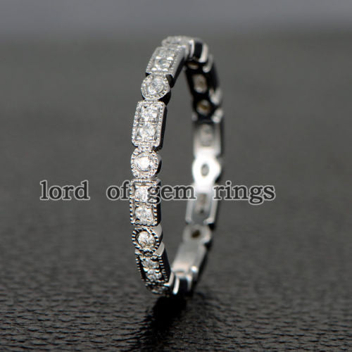 Pave Full Cut Diamond Wedding Band Eternity Anniversary Ring 14K White Gold Art Deco Antique - Lord of Gem Rings - 3