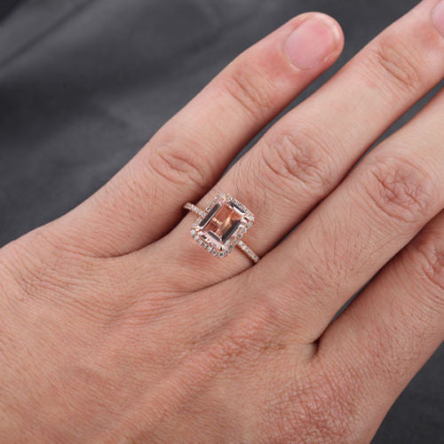 Reserved for  oneionegemm Emerald Cut Morganite Engagement Ring Pave Diamond 14K Rose Gold - Lord of Gem Rings - 5