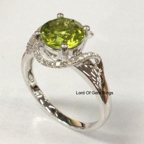 Round Peridot Engagement Ring Pave Diamond Wedding 14K White Gold 8mm  Curved - Lord of Gem Rings - 4