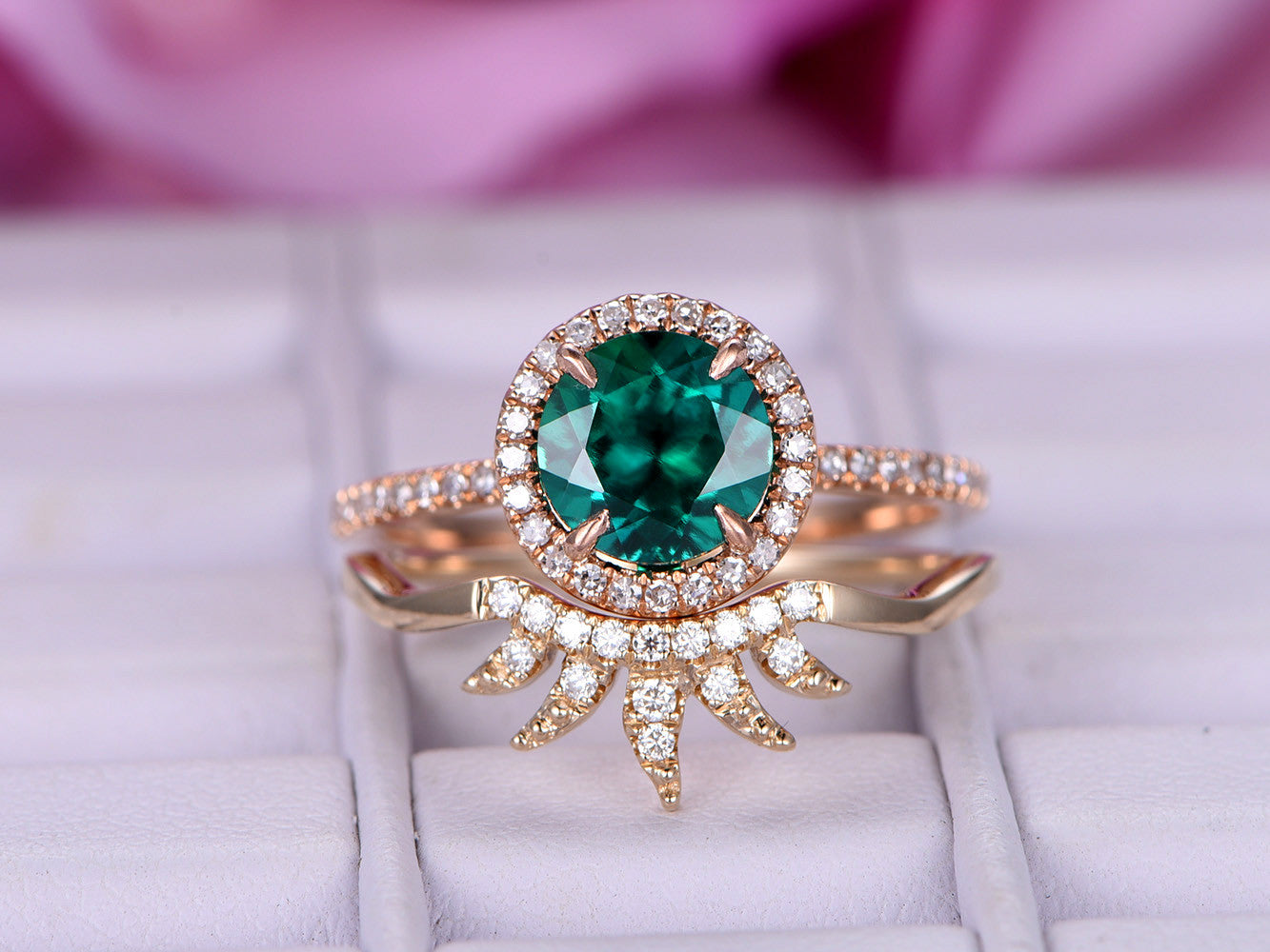 Round Emerald & Diamond Tiara Bridal Set 14K Two-Tone Gold