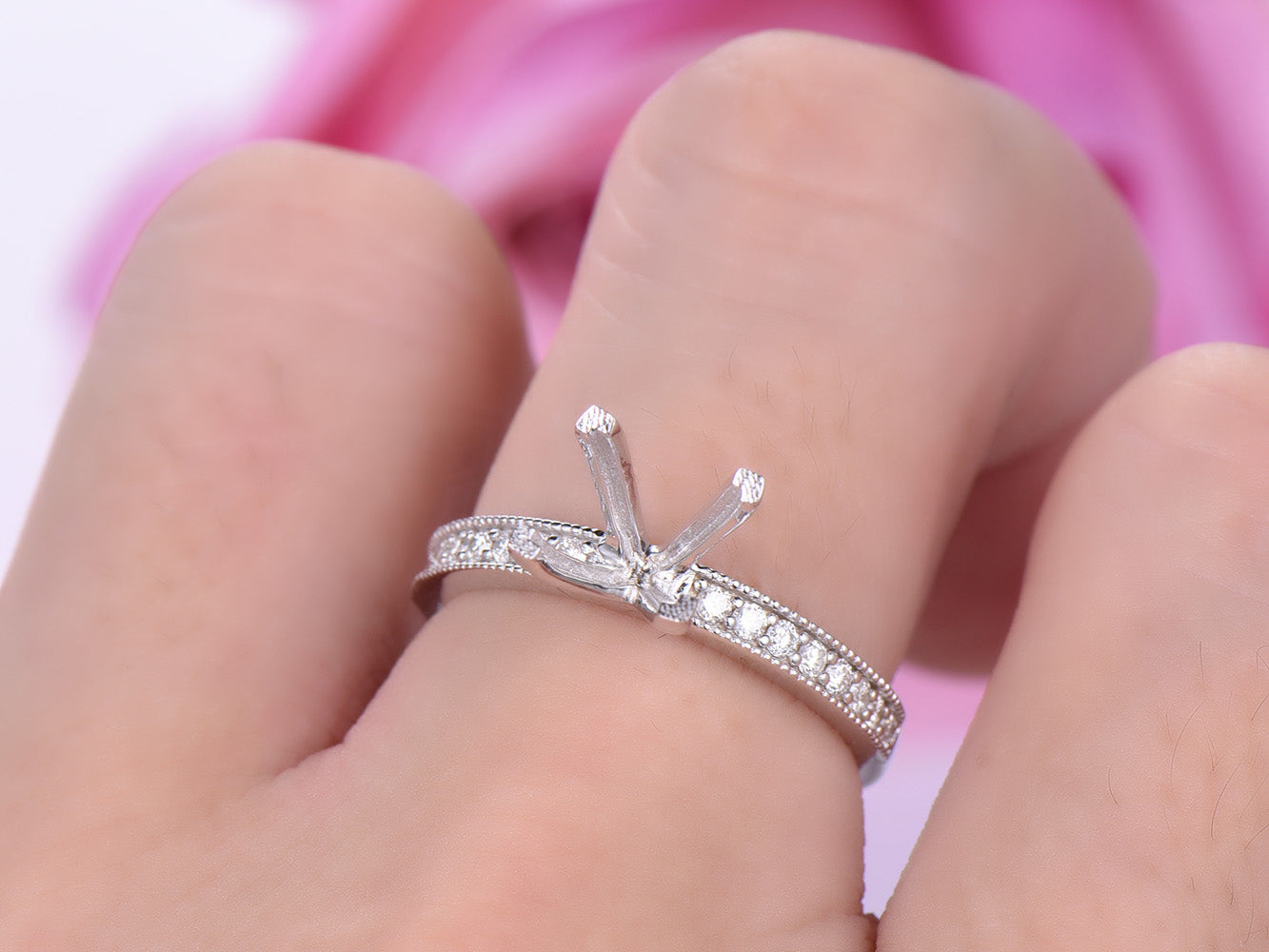 Princess Semi Mount Ring Diamond Milgrain Shank