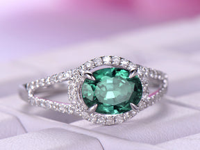 Split Shank Oval Alexandrite Diamond Halo Engagement Ring