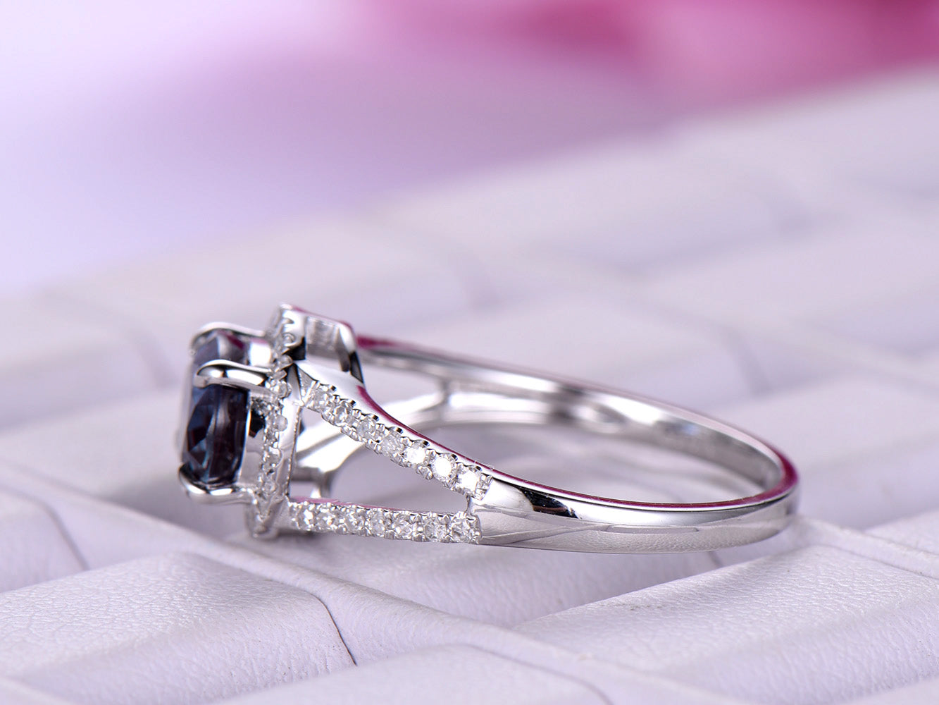 Split Shank Oval Alexandrite Diamond Halo Engagement Ring