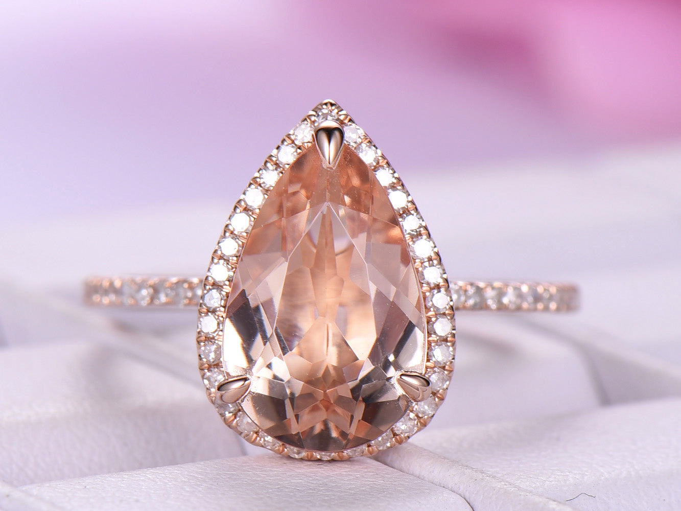 Reserved for AAA Pear Morganite Ring Diamond Halo 14K Rose Gold 8x12mm