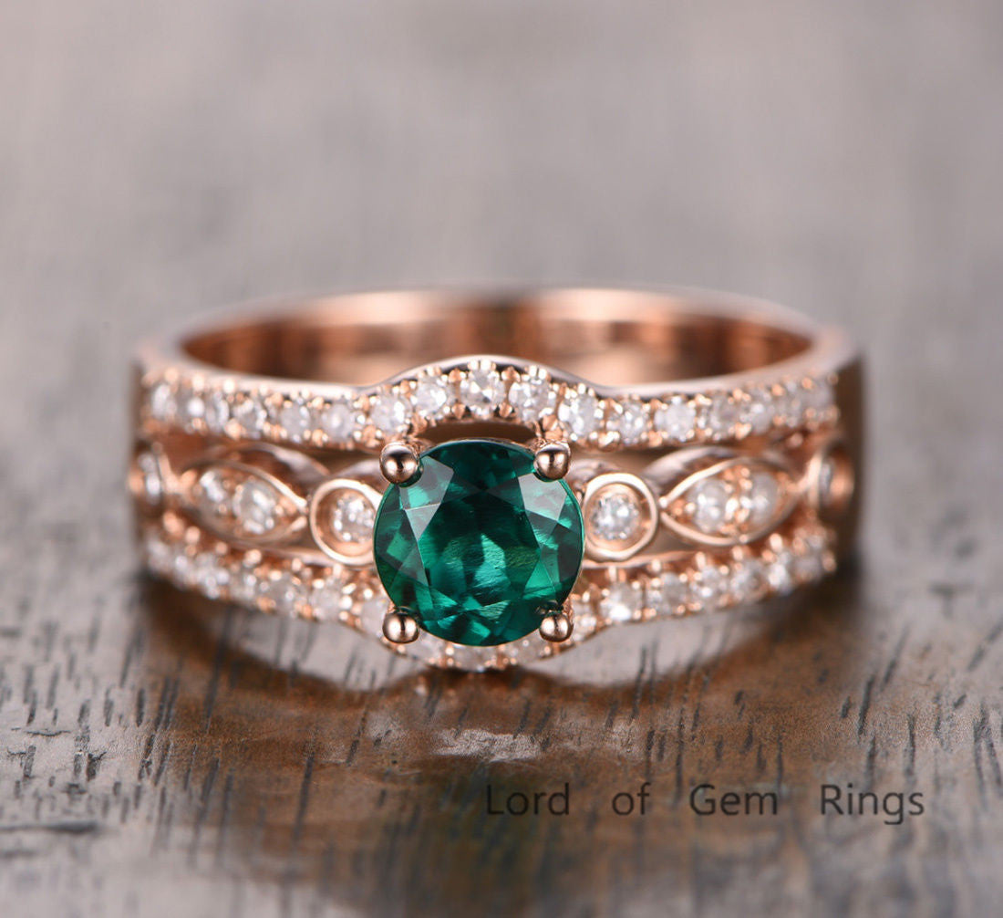 Round Emerald Engagement Ring Pave Diamond Wedding 14K Rose Gold  5mm, Three Row - Lord of Gem Rings - 1