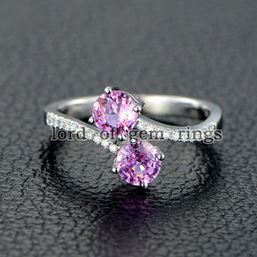 Double Round Pink Sapphire Engagement Ring Pave Diamond Wedding 14K White Gold Curved - Lord of Gem Rings - 1