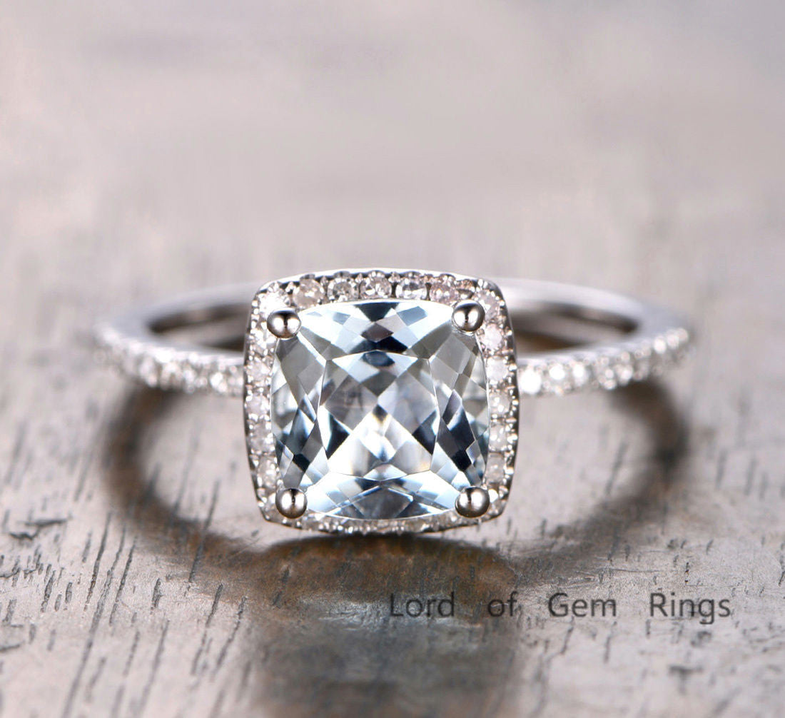 Cushion Aquamarine Engagement Ring Pave Diamond Wedding 14K White Gold 7mm - Lord of Gem Rings - 1