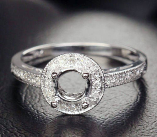Diamond Engagement Semi Mount Ring 14k White gold Setting Round 5.5mm Milgrain - Lord of Gem Rings - 1