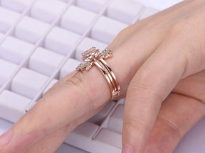 Round Morganite Diamond Halo Ring Alexandrite Tiara Bridal Set