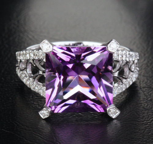 Princess Amethyst Engagement Ring Pave Diamond Wedding 14K White Gold 10.5mm - Lord of Gem Rings - 1