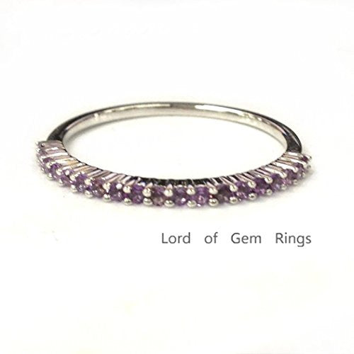 Purple Amethyst Wedding Band Half Eternity Anniversary Ring 14K White Gold,Thin Design - Lord of Gem Rings - 1