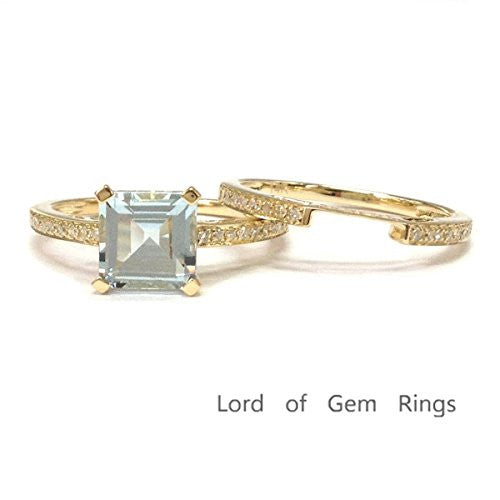 Asscher Cut Aquamarine Engagement Ring Sets Pave Diamond Wedding 14K Yellow Gold,6.5mm - Lord of Gem Rings - 1
