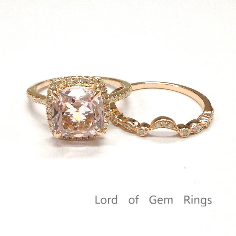 Reserved for Frank, Retangular Cushion Pink Morganite Engagement Ring Bridal Sets Pave Diamond 14K Rose Gold - Lord of Gem Rings - 4