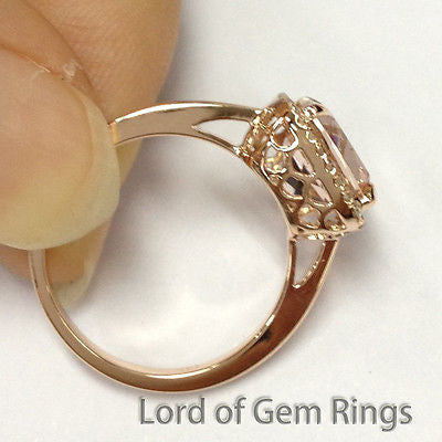 Cushion Morganite Engagement Ring Pave Diamond Halo 14K Rose Gold 8mm - Lord of Gem Rings - 5