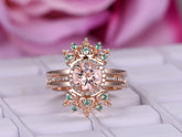 Round Morganite Diamond Halo Ring Alexandrite Tiara Bridal Set