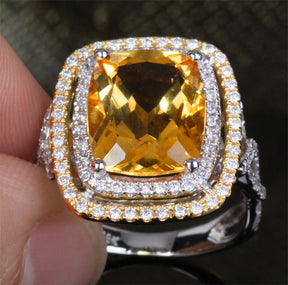 Cushion Citrine Engagement Ring Pave Diamond Wedding 14K White/Yellow Gold - Lord of Gem Rings - 1
