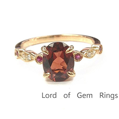Oval Garnet Engagement Ring Pave Diamond Ruby Wedding 14K Rose Gold,6x8mm, Art Deco - Lord of Gem Rings - 1