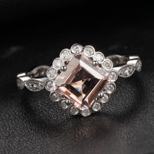 Asscher Morganite Engagement Ring Diamond Wedding 14K White Gold - Lord of Gem Rings - 1