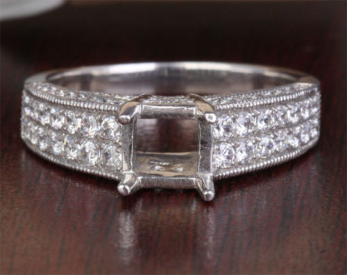 VS/H Diamond Engagement Semi Mount Ring 14K White Gold Setting Princess 5.5mm Milgrain - Lord of Gem Rings - 1