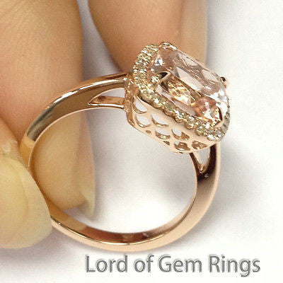 Cushion Morganite Engagement Ring Pave Diamond Halo 14K Rose Gold 8mm - Lord of Gem Rings - 3