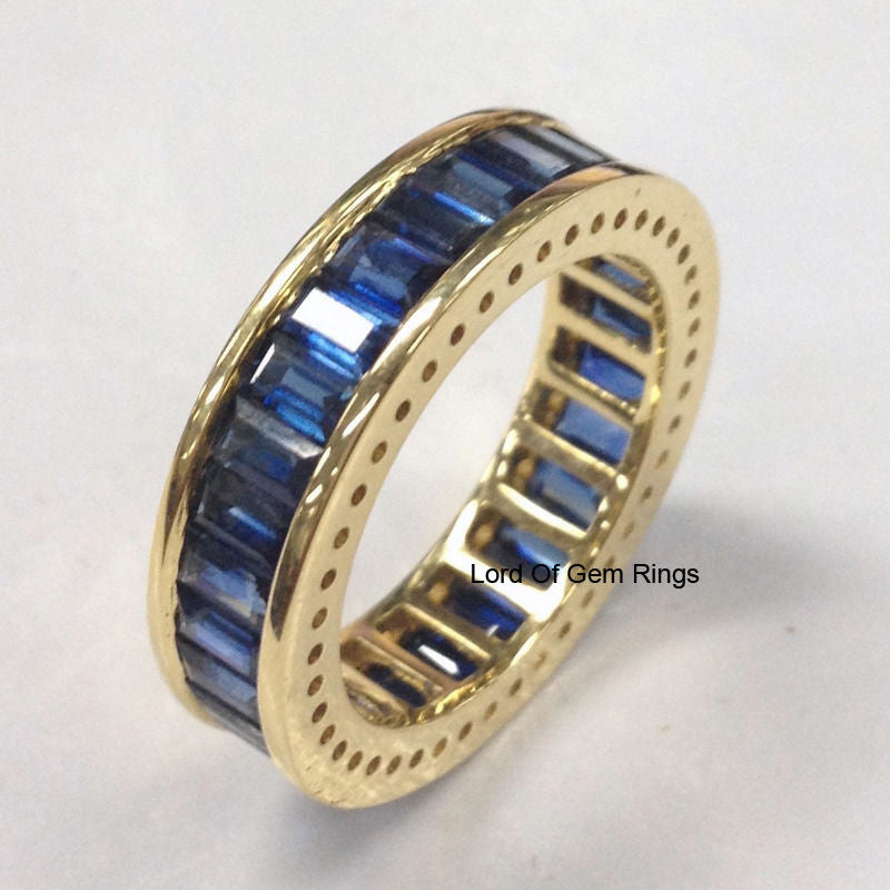 Baguette Blue Sapphire Wedding Band Eternity Anniversary Ring 18K Yellow Gold 4.10ct - Lord of Gem Rings - 1