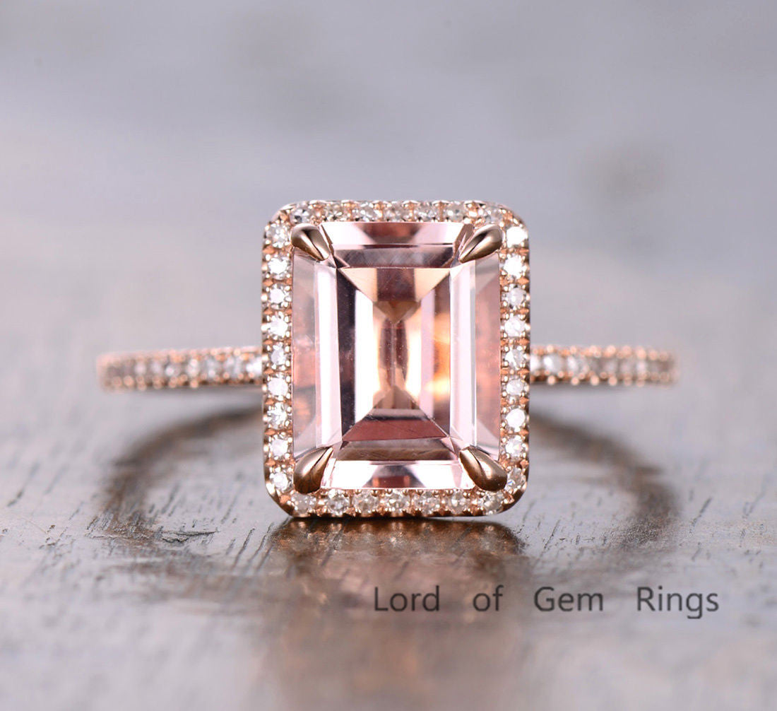 Emerald Cut Morganite Engagement Ring Pave Diamond Wedding 14K Rose Gold 8x10mm - Lord of Gem Rings - 2
