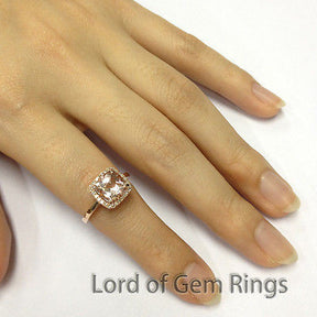 Cushion Morganite Engagement Ring Pave Diamond Halo 14K Rose Gold 8mm - Lord of Gem Rings - 2