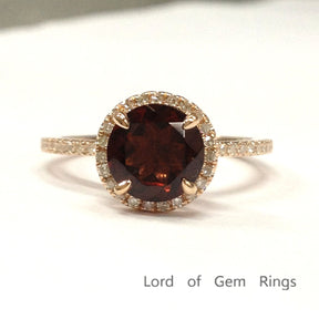 Round Garnet Engagement Ring Pave Diamond Wedding 14K Rose Gold 7mm Claw Prongs - Lord of Gem Rings