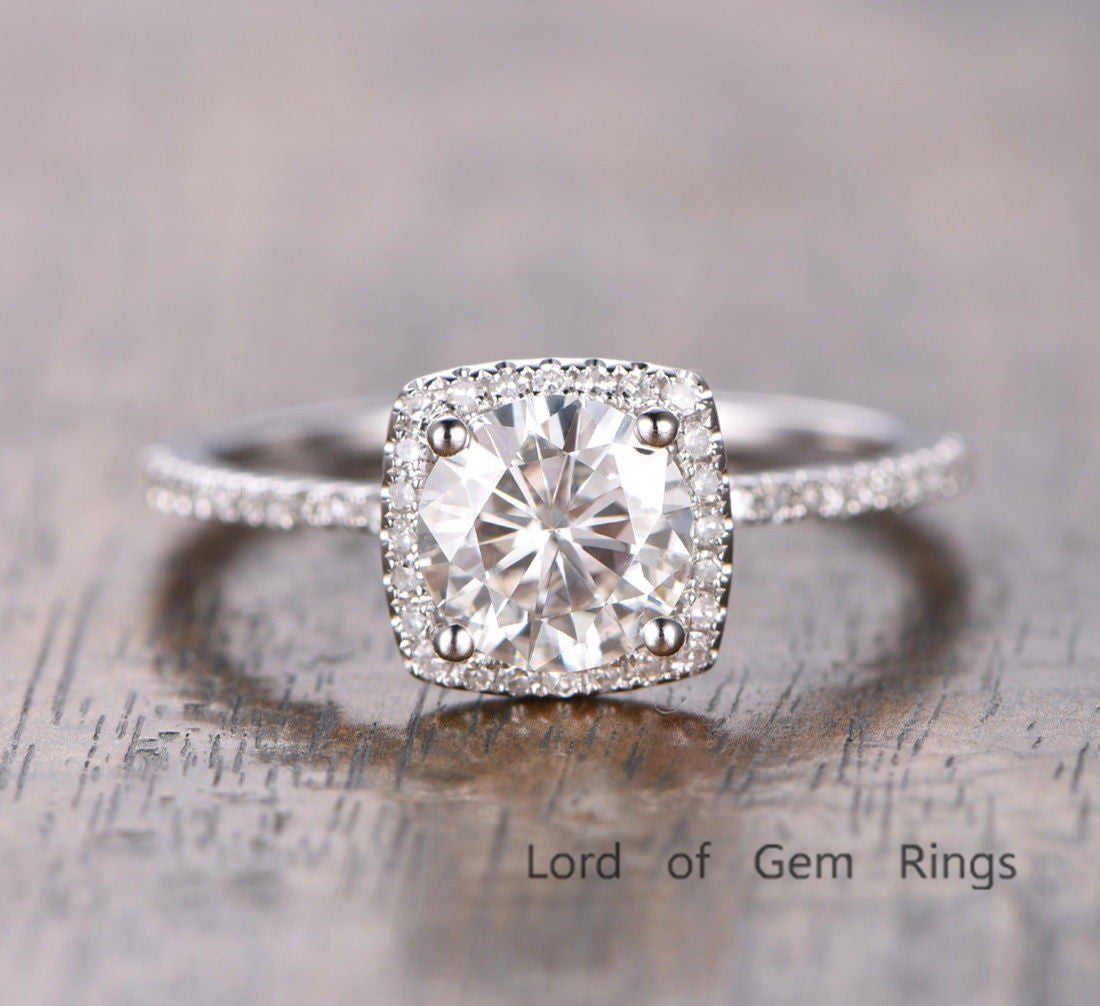Round Moissanite Engagement Ring Pave Diamond Wedding 14K White Gold 6.5mm Cushion Halo - Lord of Gem Rings - 1