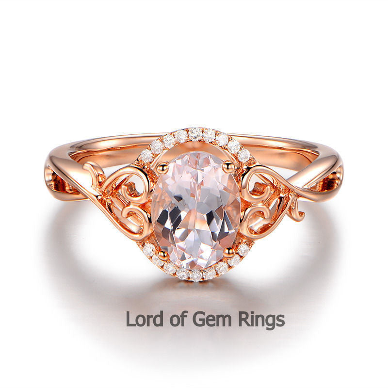 Oval Morganite Engagement Ring Diamonds 14K Rose Gold 6x8mm Floral - Lord of Gem Rings - 1