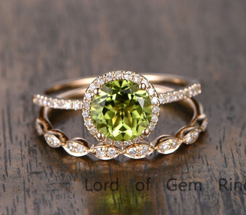 Round Peridot Engagement Ring Sets Pave Diamond Wedding 14K Yellow Gold 7mm - Lord of Gem Rings - 1