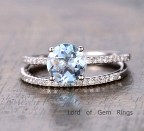 Round Aquamarine Engagement Ring Sets Pave Diamond  Wedding 14K White Gold 7mm - Lord of Gem Rings - 1