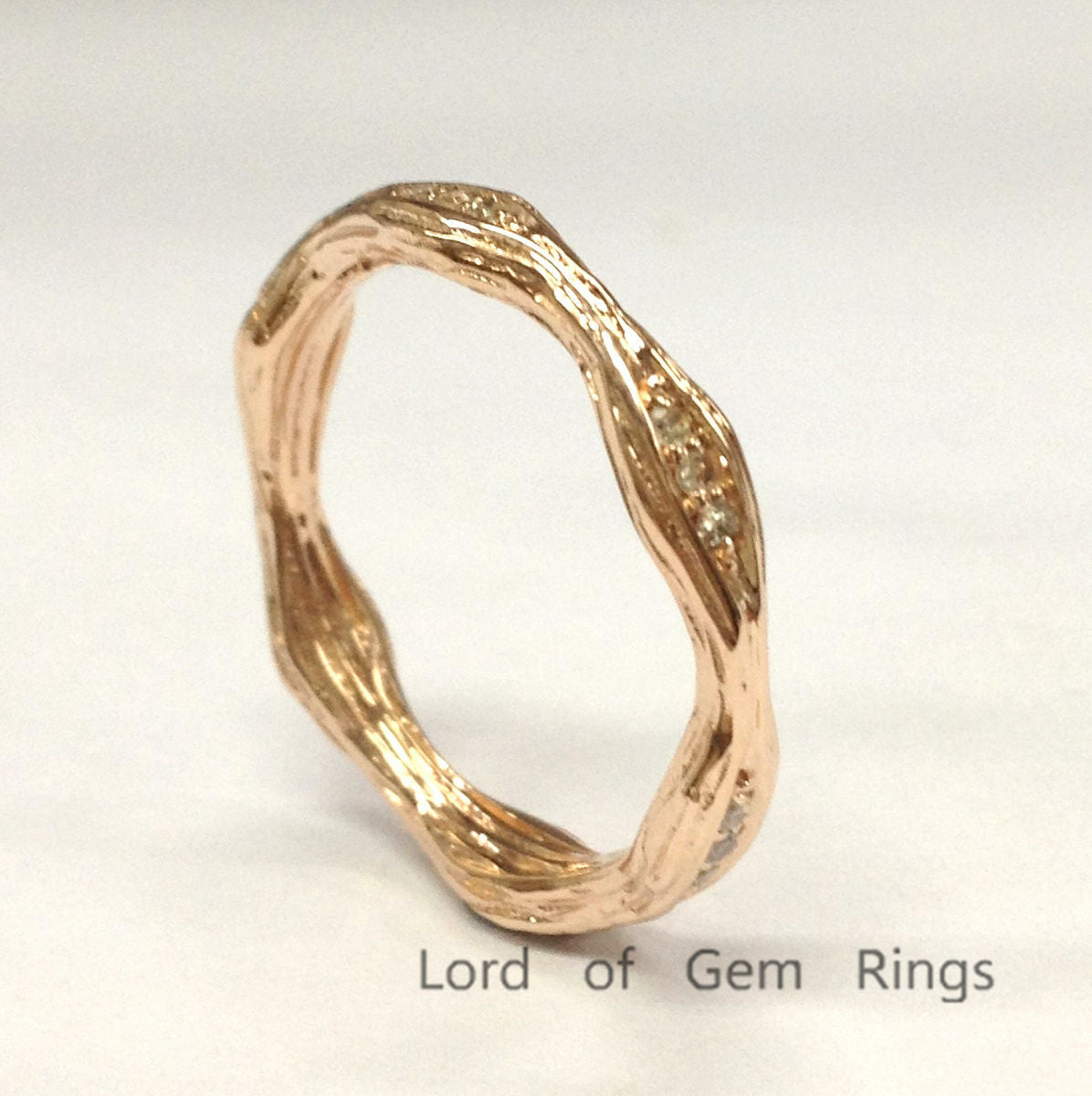 Pave Diamond Wedding Band Eternity Anniversary Ring 14K Rose Gold Art Deco Hand Crafted Twig - Lord of Gem Rings - 1