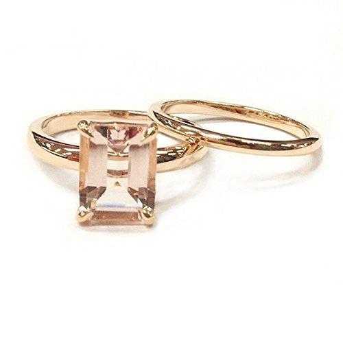 Emerald Cut Morganite Engagement Ring Sets Wedding 14K Rose Gold,7x9mm,Plain Gold Band - Lord of Gem Rings - 1