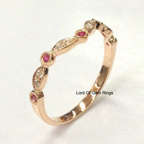 Ruby Diamond Wedding Band Half Eternity Anniversary Ring 14K Rose Gold Art Deco Curved - Lord of Gem Rings - 1