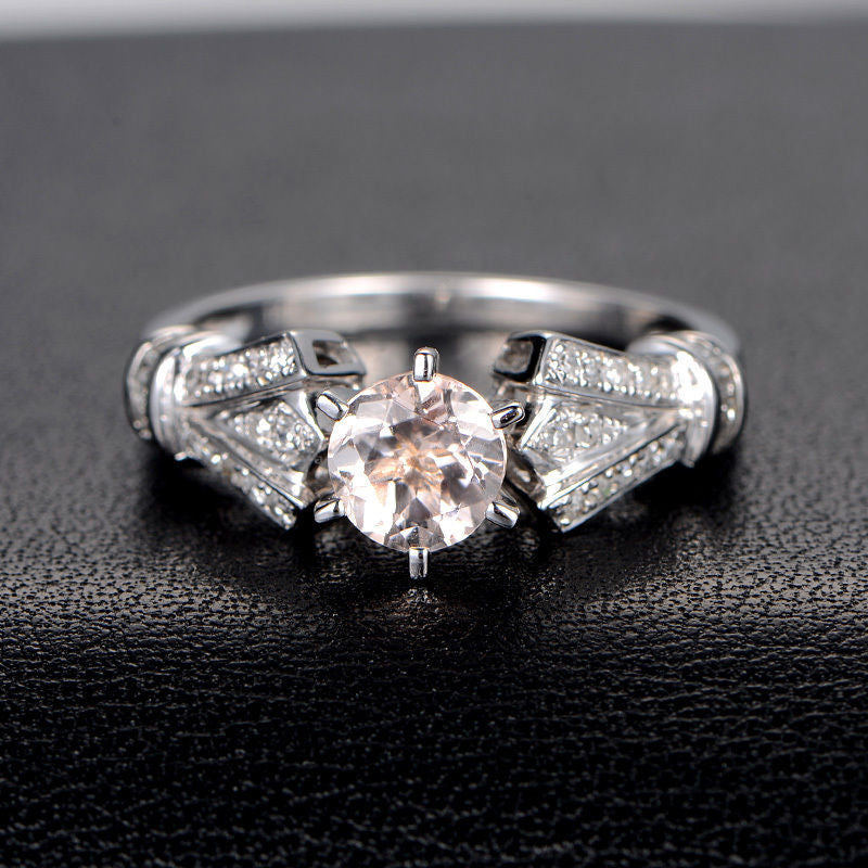 Round Morganite Engagement Ring Diamond Wedding 14K White Gold 6.5mm Antique Art Deco,6 prongs - Lord of Gem Rings - 1