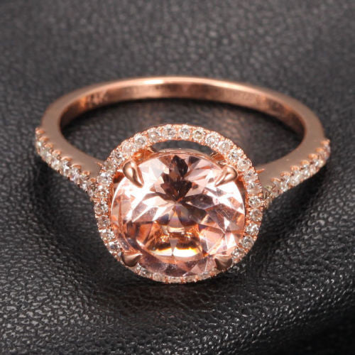 Round Morganite Engagement Ring Pave Diamond Wedding 14K Rose Gold 8mm - Lord of Gem Rings - 2