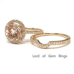 Round Morganite Engagement Ring Sets Pave Diamond Wedding 14K Rose Gold,8mm,Curved Band - Lord of Gem Rings - 2