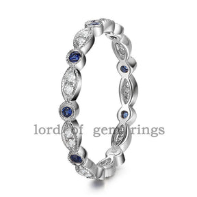 Pave Sapphire Diamond Wedding Band Eternity Anniversary Ring 14K White Gold Art Deco Milgrain - Lord of Gem Rings - 1