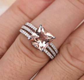 Princess Morganite Engagement Ring 3 Bridal Set Pave Diamond Wedding 14K White Gold 8mm - Lord of Gem Rings - 2
