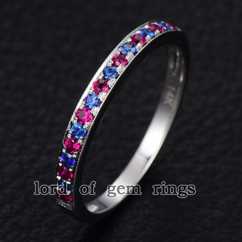 Pave Ruby/Sapphire Wedding Band Half Eternity Anniversary Ring 14K White Gold - Lord of Gem Rings - 1